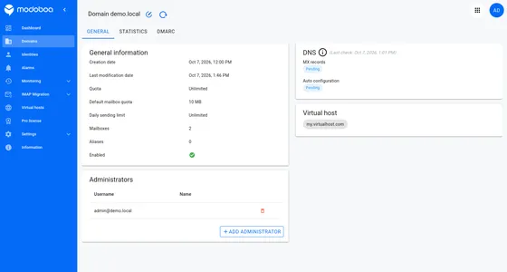Domain detail view with virtual host defined