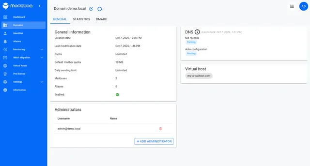 Domain detail view with virtual host defined